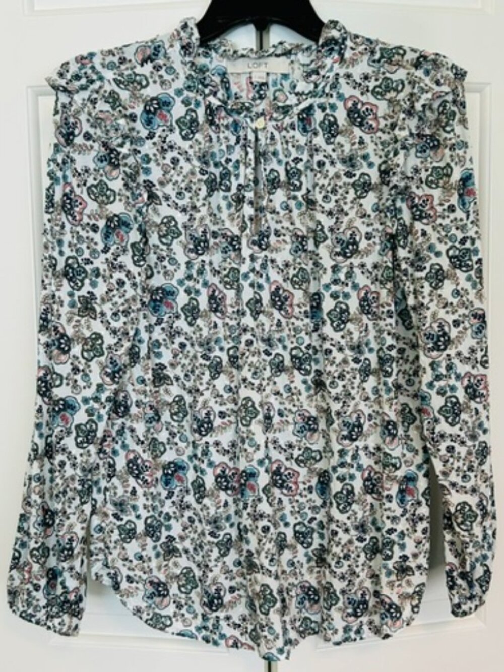 LOFT Floral Clip Dot Split Neck Rayon Blouse Small